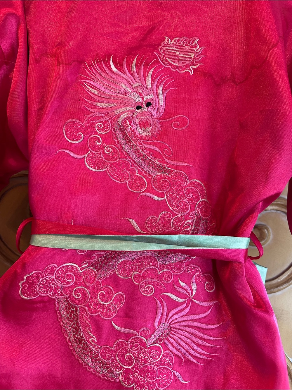 Pink Reversible Kids Kimono Robe with Mint Trim - Elegant Lounge Robe - Picture 5 of 12